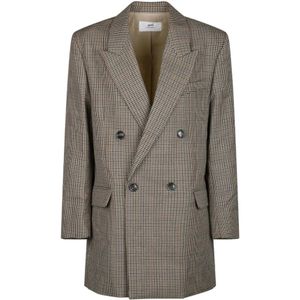 Ami Paris, Jassen, Dames, Beige, S, Wol, Beige Check Print Blazer