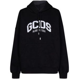 Gcds, Sweatshirts & Hoodies, Dames, Zwart, L, Katoen, Zwarte Oversized Trui met Capuchon en Logo Patch