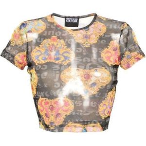 Versace Jeans Couture, Tops, Dames, Veelkleurig, S, Tule, Zwarte Tule Cropped T-shirt