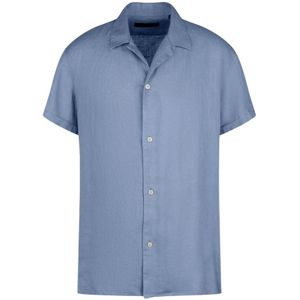 Drykorn, Korte mouwen linnen overhemd met camp kraag Blauw, Heren, Maat:M