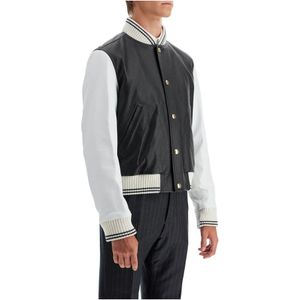 Thom Browne, Jassen, Heren, Zwart, M, Leer, Leren Varsity Bomberjack