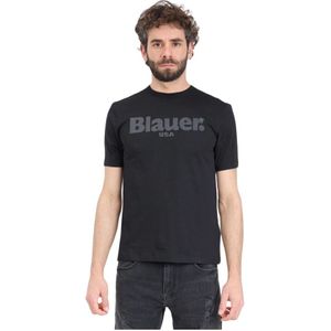 Blauer, Tops, Heren, Zwart, L, Katoen, Zwart Logo Print T-shirt Geribbelde Ronde Hals