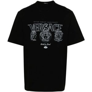 Versace, Tops, Heren, Zwart, L, Katoen, Zwart Katoenen Jersey Crew Neck T-shirt
