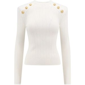 Balmain, Truien, Dames, Wit, M, Polyester, Witte Gebreide Kleding Crew-Neck Lange Mouw