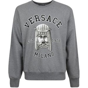 Versace, Sweatshirts & Hoodies, Heren, Grijs, L, Katoen, Katoenen Crewneck Sweatshirt met Logo Detail