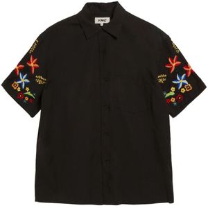 YMC You Must Create, Geborduurd overhemd met korte mouwen katoen linnen mix Zwart, Heren, Maat:M