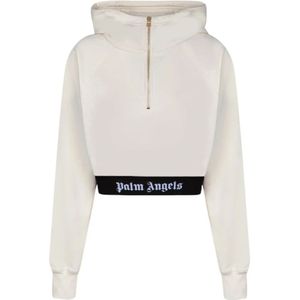 Palm Angels, Sweatshirts & Hoodies, Heren, Wit, S, Katoen, Beige Cropped Hoodie met Elastische Tailleband