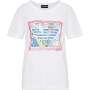 Emporio Armani, Korte mouwen waterverf logo T-shirt Wit, Dames, Maat:S