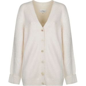 Maison Margiela, Witte Gebreide Cardigan met Logo Print Wit, Dames, Maat:M