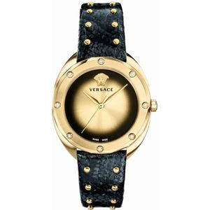 Versace, Zwart Lederen Goud Roestvrij Stalen Horloge Zwart, Dames, Maat:ONE Size