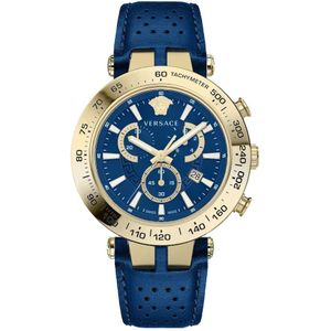 Versace, Accessoires, Heren, Blauw, ONE Size, Gedurfd Chronograaf Blauw Leren Horloge