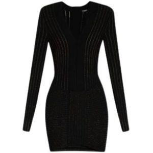 Balmain, Kleedjes, Dames, Zwart, S, Polyester, Geribbelde Zwarte Jurk met Gouden Details