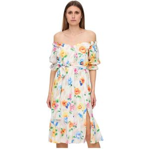 Moschino, Kleedjes, Dames, Veelkleurig, S, Katoen, Levendige Zomerse Midi Jurk met Gerimpelde Mouwen