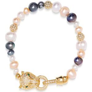 Nialaya, Accessoires, Dames, Geel, XS, Women's Multi-Colored Pearl Bracelet with Gold Panther Head