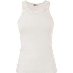Brunello Cucinelli, Stretch katoenen rib jersey top met satijnen afwerking Wit, Dames, Maat:2XS