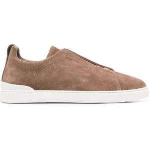 Ermenegildo Zegna, Schoenen, Heren, Beige, 43 1/2 EU, Suède, Bruine Suède Slip-On Sneakers