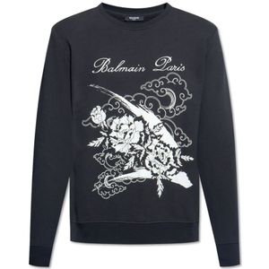 Balmain, Sweatshirts & Hoodies, Heren, Zwart, S, Katoen, Bedrukte sweatshirt