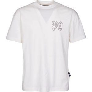 Palm Angels, Tops, Heren, Beige, M, Katoen, Geborduurd Monogram Katoenen T-shirt Beige