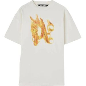 Palm Angels, Brandend Monogram T-Shirt Wit, Heren, Maat:L