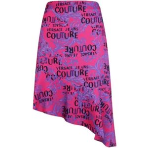 Versace Jeans Couture, Rokken, Dames, Paars, S, Polyester, Barok Logo Print Fuchsia/Violet Midi Rok - Maat 42