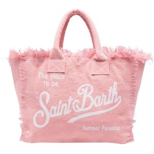 MC2 Saint Barth, Tassen, Dames, Roze, ONE Size, Katoen, Flamingo Pink Canvas Fringed Tote Bag