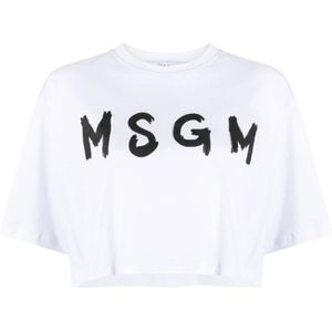 Msgm, Tops, Dames, Wit, L, Korte Mouw Logo T-shirt
