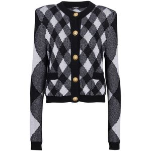 Balmain, Truien, Dames, Zwart, L, Gingham gebreide vest