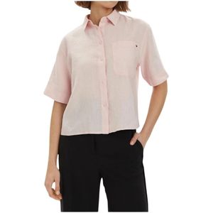 Tommy Hilfiger, Linnen Cropped Shirt met Geborduurd Logo Roze, Dames, Maat:S