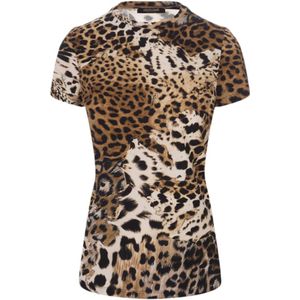 Roberto Cavalli, Leopard Print Stretch Katoenen T-shirt Bruin, Dames, Maat:M