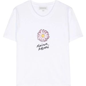 Maison Kitsuné, Tops, Dames, Wit, S, Katoen, Floating Flower Print Crew Neck T-shirt