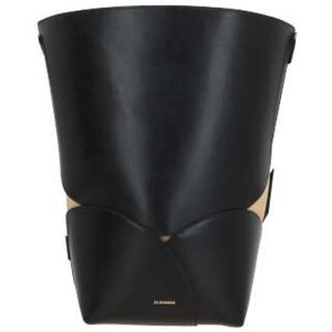 Jil Sander, Tassen, Dames, Zwart, ONE Size, Leer, Zwarte Leren Bucket Bag met Afneembare Pouch