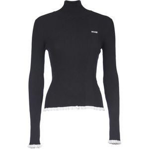 Msgm, Truien, Dames, Zwart, M, Polyester, Zwarte Sweater met Logo en Geribbelde Afwerking