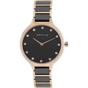 Bering, Keramisch Roségouden Horloge met RVS Band Zwart, Dames, Maat:ONE Size
