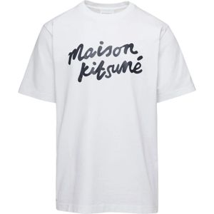 Maison Kitsuné, Tops, Heren, Wit, M, Katoen, Handwriting Comfort Tee-Shirt Wit