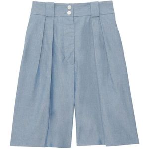 Ines De La Fressange Paris, Korte broeken, Dames, Blauw, L, Katoen, Blauwe Geplooide Hoge Taille Shorts