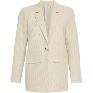 Moss Copenhagen, Jassen, Dames, Beige, L, Katoen, Gestreepte Split Blazer - Haver/Grijs