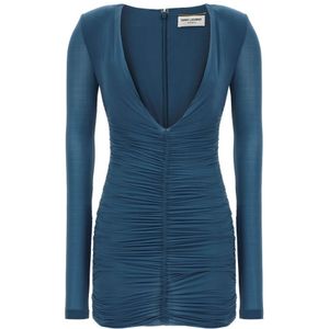 Saint Laurent, Kleedjes, Dames, Blauw, M, Cupro Jersey V-Hals Jurk