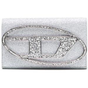 Diesel, Accessoires, Dames, Grijs, ONE Size, Glitter Zilveren Portemonnee met Verstelbare Band