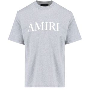Amiri, Tops, Heren, Grijs, L, Katoen, Grijze Logo T-shirt met Witte Details