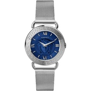 Versace, Medusa Roestvrijstalen Horloge Blauwe Wijzerplaat Grijs, Dames, Maat:ONE Size