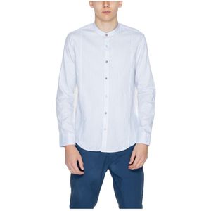 Gianni Lupo, Overhemden, Heren, Blauw, S, Katoen, Blauw Pinstripe Mandarin Kraag Shirt