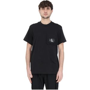 Calvin Klein Jeans, Tops, Heren, Zwart, S, Katoen, Zwarte T-shirts en Polos met Wit Logo