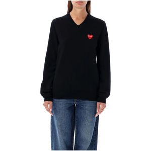 Comme des Garçons, Truien, Dames, Zwart, S, Wol, Zwart Gebreide Kleding met Rode Hart Patch