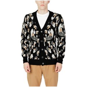 Gianni Lupo, Truien, Heren, Zwart, M, Wol, Zwarte V-Hals Knoop Cardigan Mannen