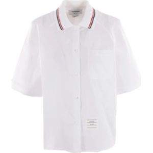 Thom Browne, Blouses & Shirts, Dames, Wit, S, Katoen, Witte Katoenen Poplin Overhemd met Polokraag en Gestreept Detail