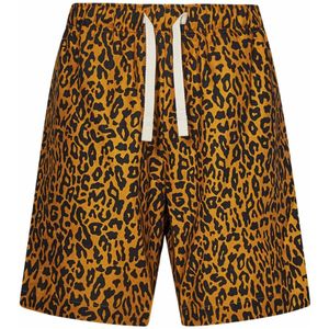 Palm Angels, Korte broeken, Heren, Veelkleurig, M, Katoen, Leopard Print Linen Bermuda Shorts