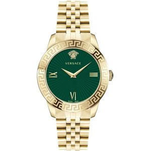 Versace, Accessoires, Dames, Veelkleurig, ONE Size, Handtekening Goud Roestvrij Staal Groen Horloge