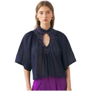 Antik Batik, Katoenen voile handgeborduurde blouse Ayo Blauw, Dames, Maat:XS