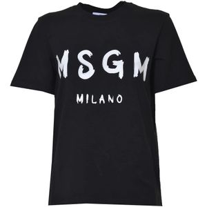 Msgm, Zwarte Ronde Hals Logo Print T-shirts en Polos Zwart, Dames, Maat:XS