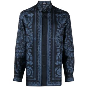 Versace, Overhemden, Heren, Blauw, S, Blauwe Barocco Print Zijden Overhemd